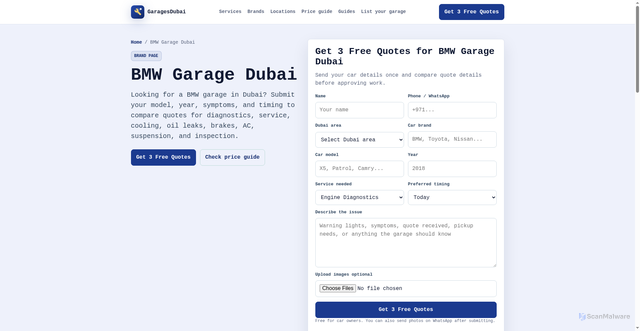 Security scan screenshot of https://garagedubai.pages.dev/bmw-garage-dubai/