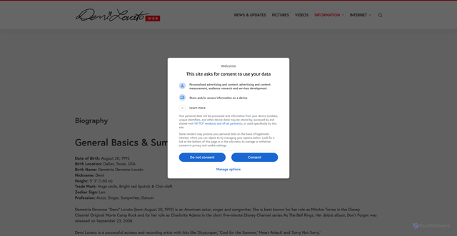 Security scan screenshot of https://demilovato.org/information/biography/