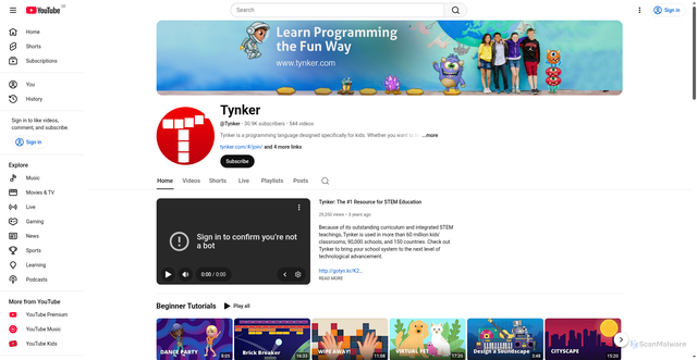 Security scan screenshot of https://consent.youtube.com/m?continue=https%3A%2F%2Fwww.youtube.com%2F%40tynker%3Futm_source%3DIterable%26utm_medium%3Demail%26utm_campaign%3D15053460-2025_1002_Coding%2BPath-19606014-2024_0531_summer_Free%26utm_am%3Dli%26cbrd%3D1&gl=DE&m=0&pc=yt&cm=2&hl=de&src=1