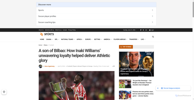 Security scan screenshot of https://sportsworldghana.com/a-son-of-bilbao-how-inaki-williams-unwavering-loyalty-helped-deliver-athletic-glory/