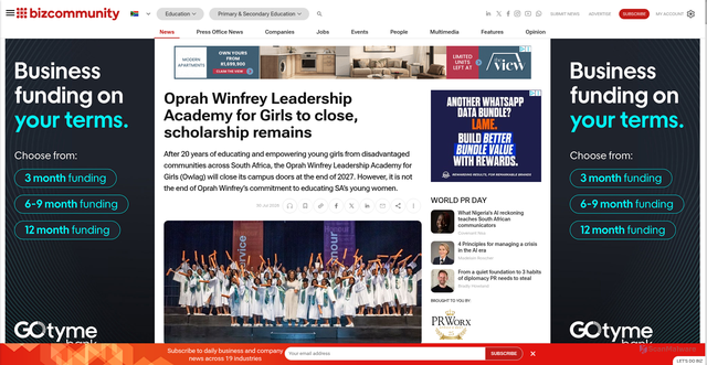 Security scan screenshot of https://www.bizcommunity.com/article/oprah-winfrey-leadership-academy-for-girls-to-close-scholarship-remains-078785a