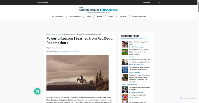 Security scan screenshot of https://goodmenproject.com/featured-content/powerful-lessons-i-learned-from-red-dead-redemption-2/