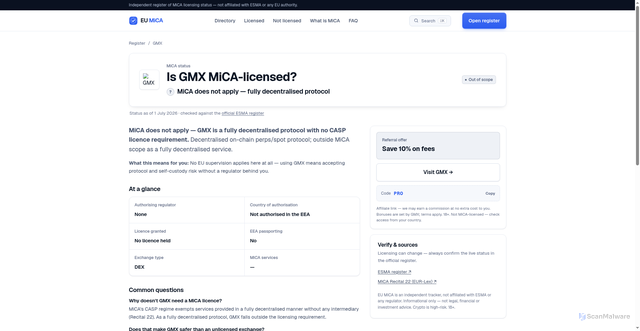Security scan screenshot of https://eumica.com/exchange/gmx