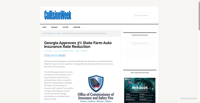 Security scan screenshot of https://collisionweek.com/2025/11/20/georgia-approves-3-state-farm-auto-insurance-rate-reduction/