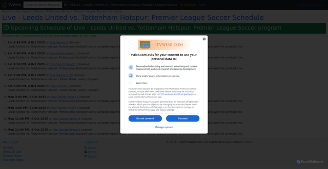 Security scan screenshot of https://www.tvwish.com/Program/Live-Leeds-United-vs-Tottenham-Hotspur-Premier-League-Soccer/959493/Schedule