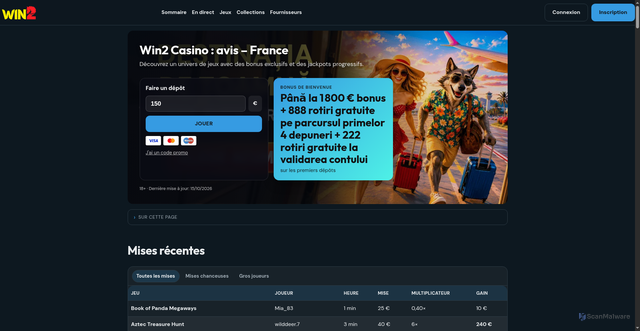 Security scan screenshot of https://win2casino.fr/