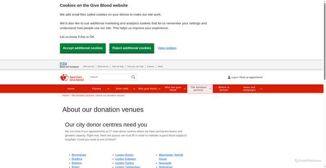 Security scan screenshot of https://www.blood.co.uk/the-donation-process/about-our-donation-venues/