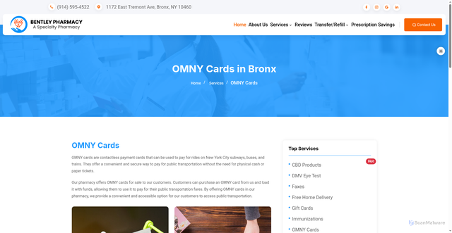 Security scan screenshot of https://www.bentleypharmacyny.com/services/OMNY-Cards