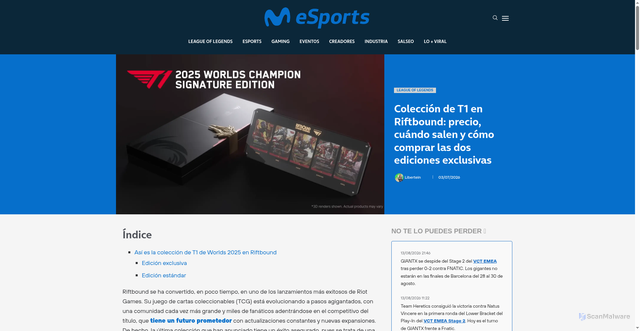 Security scan screenshot of https://movistaresports.com/asi-es-la-coleccion-de-t1-en-riftbound-precio/