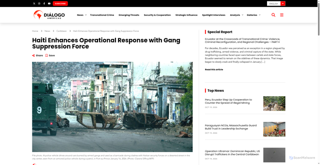 Security scan screenshot of https://dialogo-americas.com/articles/haiti-enhances-operational-response-with-gang-suppression-force/