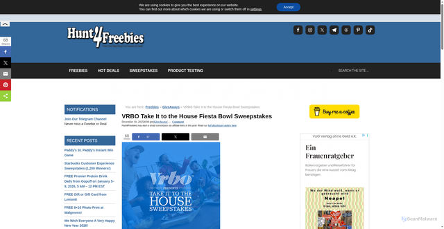Security scan screenshot of https://www.hunt4freebies.com/vrbo-take-it-to-the-house-fiesta-bowl-sweepstakes/