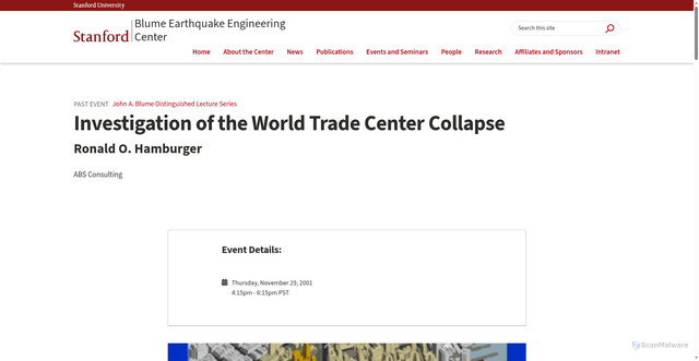 Security scan screenshot of https://blume.stanford.edu/events/john-blume-distinguished-lecture-series/investigation-world-trade-center-collapse