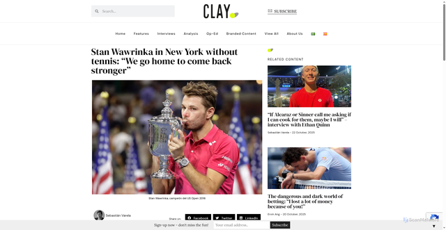 Security scan screenshot of https://www.claytenis.com/features/stan-wawrinka-in-new-york-without-tennis-we-go-home-to-come-back-stronger/