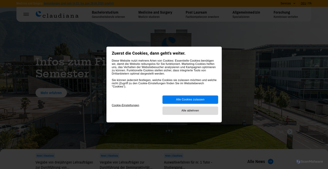 Security scan screenshot of https://www.claudiana.bz.it/de