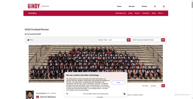 Security scan screenshot of https://athletics.uindy.edu/sports/football/roster