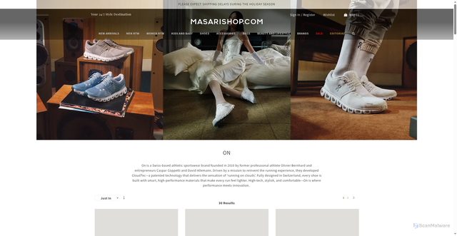 Security scan screenshot of https://www.masarishop.com/brands/on.html?srsltid=AfmBOooymdtBCZZfmYuL1OiPy5yZmfLV6PjMyBtWLo8Cp1QfHprIgHzM