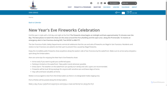 Security scan screenshot of http://www.sfport.com/meetings/new-years-eve-fireworks-celebration-0