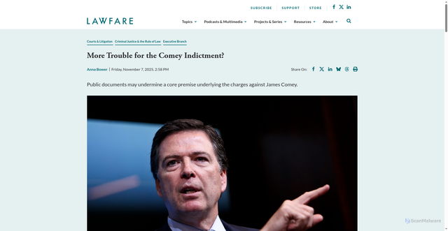 Security scan screenshot of https://www.lawfaremedia.org/article/more-trouble-for-the-comey-indictment
