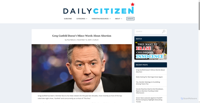Security scan screenshot of https://dailycitizen.focusonthefamily.com/greg-gutfeld-doesnt-mince-words-about-abortion/