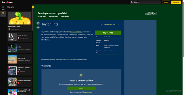 Security scan screenshot of https://tennisgamesnextgen.fandom.com/wiki/Taylor_Fritz