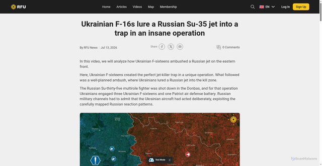 Security scan screenshot of https://www.rfunews.com/articles/ukrainian-f-16s-lure-a-russian-su-35-jet-into-a-trap-in-an-insane-operation