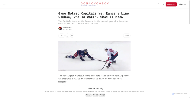 Security scan screenshot of https://www.dcbackcheck.com/p/game-notes-capitals-vs-rangers-line