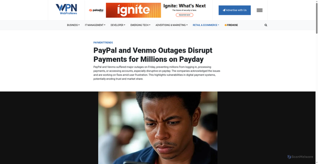 Security scan screenshot of https://www.webpronews.com/paypal-and-venmo-outages-disrupt-payments-for-millions-on-payday/