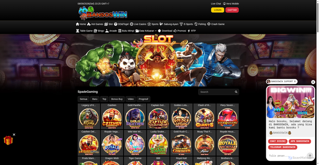 Security scan screenshot of https://adspro7-bansoswin.com/desktop/game/slot/spadegaming