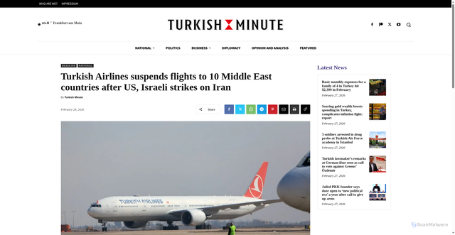Security scan screenshot of https://www.turkishminute.com/2026/02/28/turkish-airlines-suspends-flights-to-10-middle-east-countries-after-us-israeli-strikes-on-iran/