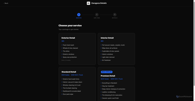 Security scan screenshot of https://zaragozadetailz.com/book.html?plan=monthly