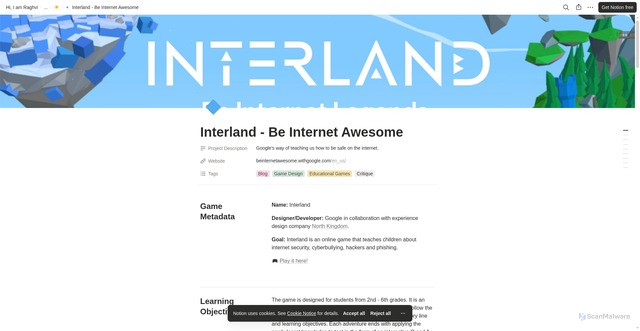 Security scan screenshot of https://raghvi.notion.site/Interland-Be-Internet-Awesome-a93b717f200d46648b9562055810f7aa