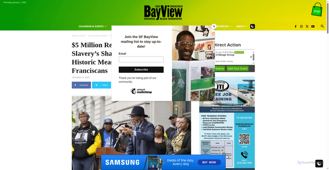 Security scan screenshot of https://sfbayview.com/2025/12/5-million-reparations-fund-from-slaverys-shadows-sf-mayor-signs-historic-measure-for-black-san-franciscans/