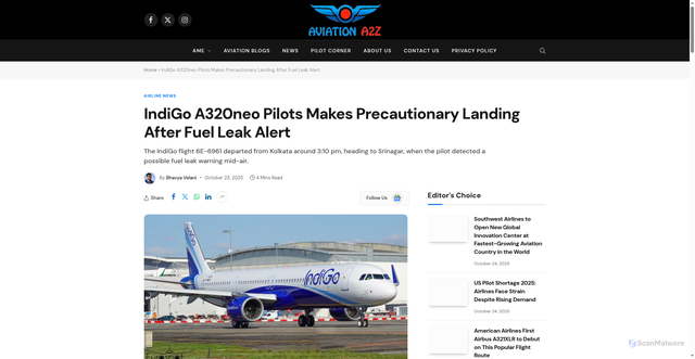 Security scan screenshot of https://aviationa2z.com/index.php/2025/10/23/indigo-flight-precautionary-landing-after-fuel-leak/