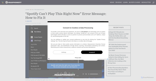 Security scan screenshot of https://www.headphonesty.com/2022/07/spotify-cannot-play-this-right-now/