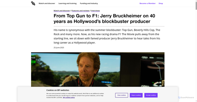 Security scan screenshot of https://www.bfi.org.uk/interviews/jerry-bruckheimer-top-gun-beverly-hills-cop-f1-the-movie
