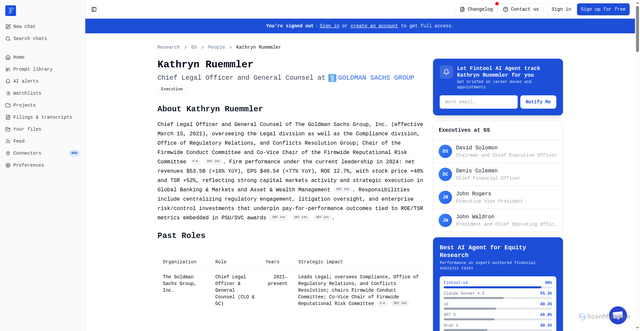 Security scan screenshot of https://fintool.com/app/research/companies/GS/people/kathryn-ruemmler