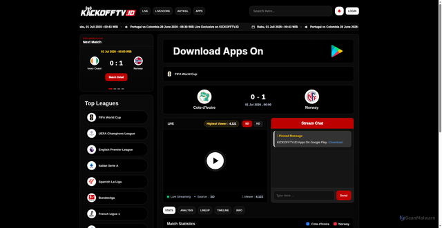 Security scan screenshot of https://kickofftv.id/match/cote-d-ivoire-vs-norway-l7oqdehg3jgkr51