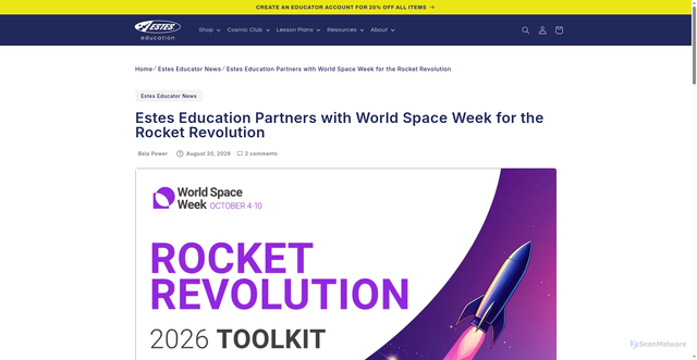 Security scan screenshot of https://edu.estesrockets.com/blogs/estes-educator-news/world-space-week-2026
