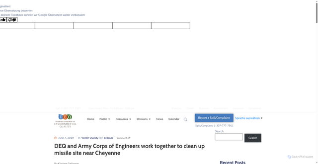 Security scan screenshot of http://deq.wyoming.gov/2019/06/deq-and-army-corps-of-engineers-work-together-to-clean-up-missile-site-near-cheyenne/