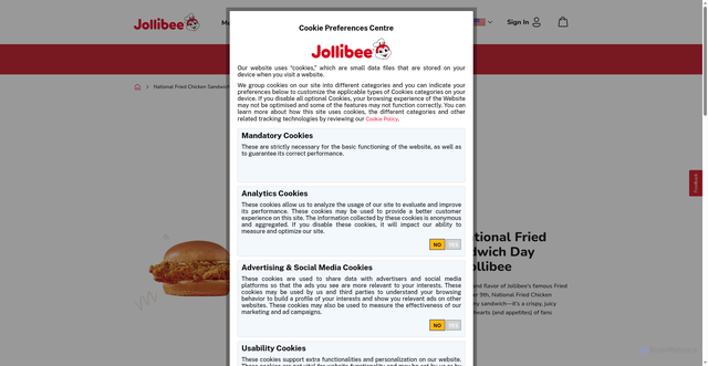 Security scan screenshot of https://www.jollibeefoods.com/national-fried-chicken-sandwich-day