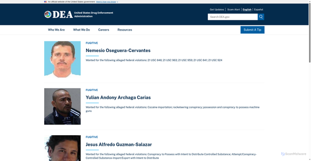 Security scan screenshot of https://www.dea.gov/fugitives