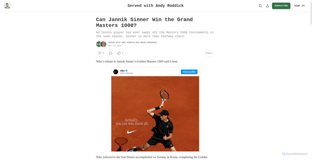 Security scan screenshot of https://www.newsletter.servedpodcast.com/p/can-jannik-sinner-win-the-grand-masters