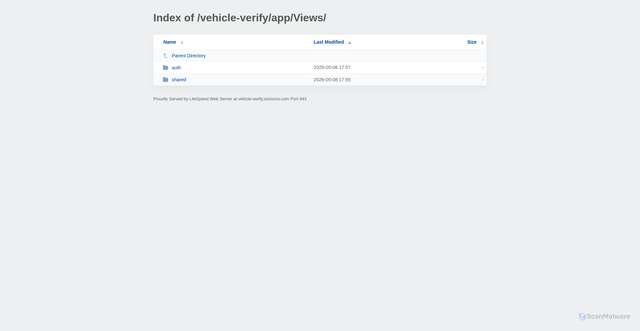 Security scan screenshot of http://vehicle-verify.storismo.com/vehicle-verify/app/Views/?MD