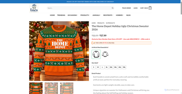 Security scan screenshot of https://linenbyhannah.com/product/the-home-depot-holiday-ugly-christmas-sweater-2026/