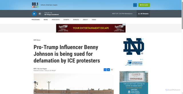Security scan screenshot of https://www.wvpe.org/npr-news/2026-10-02/pro-trump-influencer-benny-johnson-is-being-sued-for-defamation-by-ice-protesters