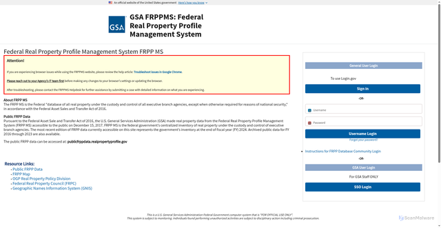 Security scan screenshot of https://www.realpropertyprofile.gov/FRPPMS/s/