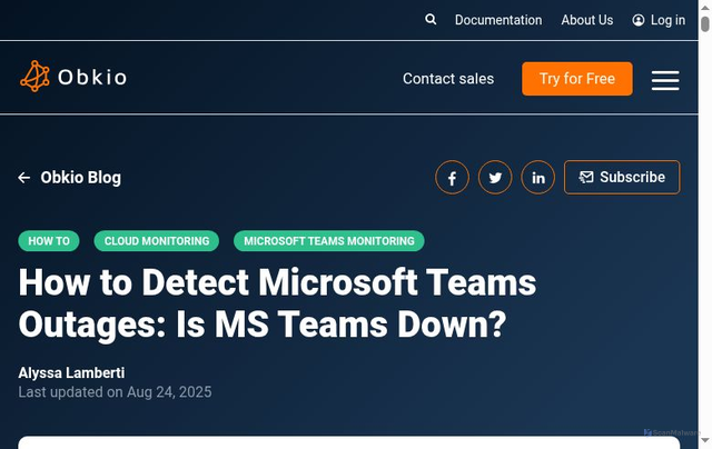 Security scan screenshot of https://obkio.com/blog/how-to-detect-microsoft-teams-outages/
