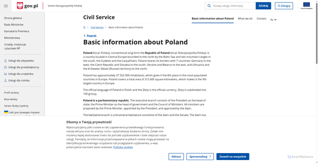 Security scan screenshot of https://www.gov.pl/web/civilservice/basic-information-about-poland