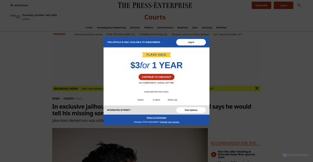 Security scan screenshot of https://www.pressenterprise.com/2025/08/27/father-of-missing-baby-emmanuel-denies-son-was-victim-of-long-term-abuse-in-exclusive-jailhouse-interview/
