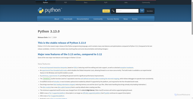 Security scan screenshot of https://www.python.org/downloads/release/python-3130/